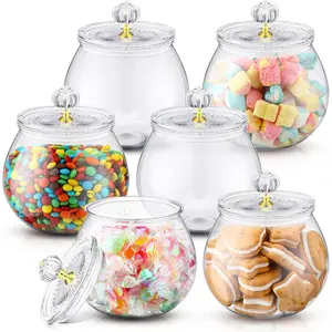6 Pcs Clear Airtight Plastic Candy and Cookie Jars with Lids, Decorative Apothecary Jars Candy Buffet Containers Food Storage Canister for Home Decoration, 30 oz Stylish