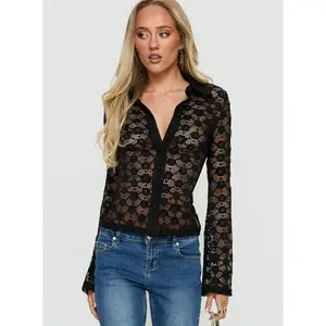 When You Sleep Lace Long Sleeve Top Black