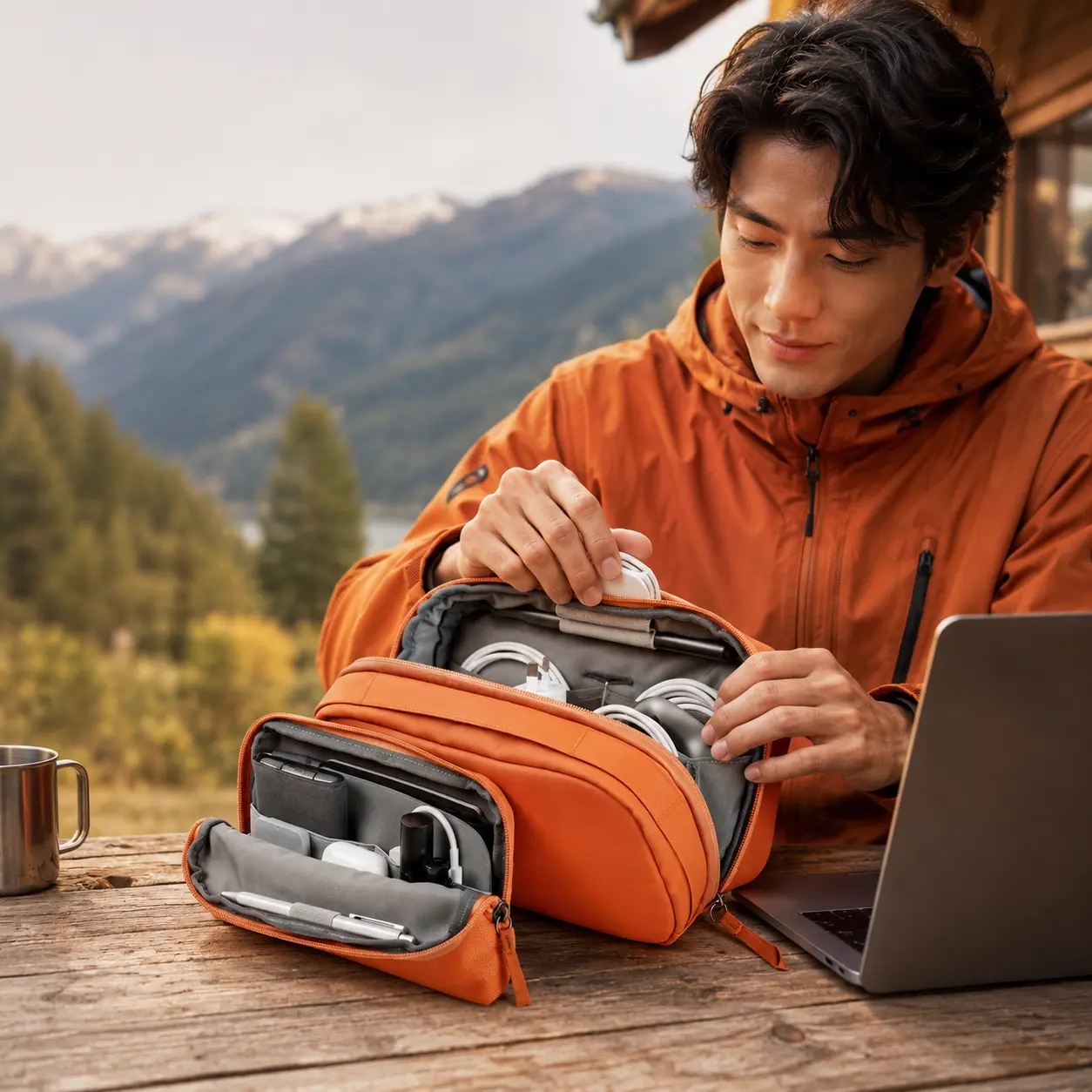 Outdoor digital storage bag, 2-in-1 design with detachable electronic accessories organizer; portable travel charger, data cable, earphone, mouse, power adapter, and power bank compartments. Combines a main compartment with separate small pouches for flex