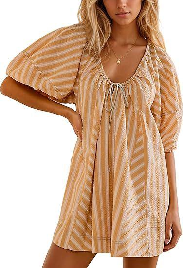 Women's Striped V-Neck Romper, Casual Loose Tie Front Wide Leg Short Jumpsuit, Flowy Summer Vacation Outfit