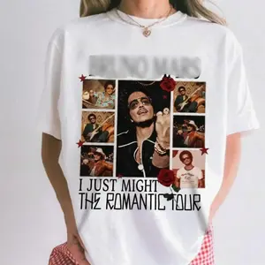 Bruno 24K Magic The Romantic Tour Unisex T-Shirt, Vintage Photo Collage Graphic Tee with The Hooligans I Just Might Design, Perfect Gift for Music Lovers Q