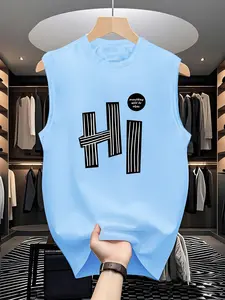 Men's Cartoon Letter Print Round Neck Tank Top, Sleeveless Loose Design, Loose Casual Fashion Comfy Sleeveless Vest for Daily Wear, Men's Clothes for All Seasons, Socks