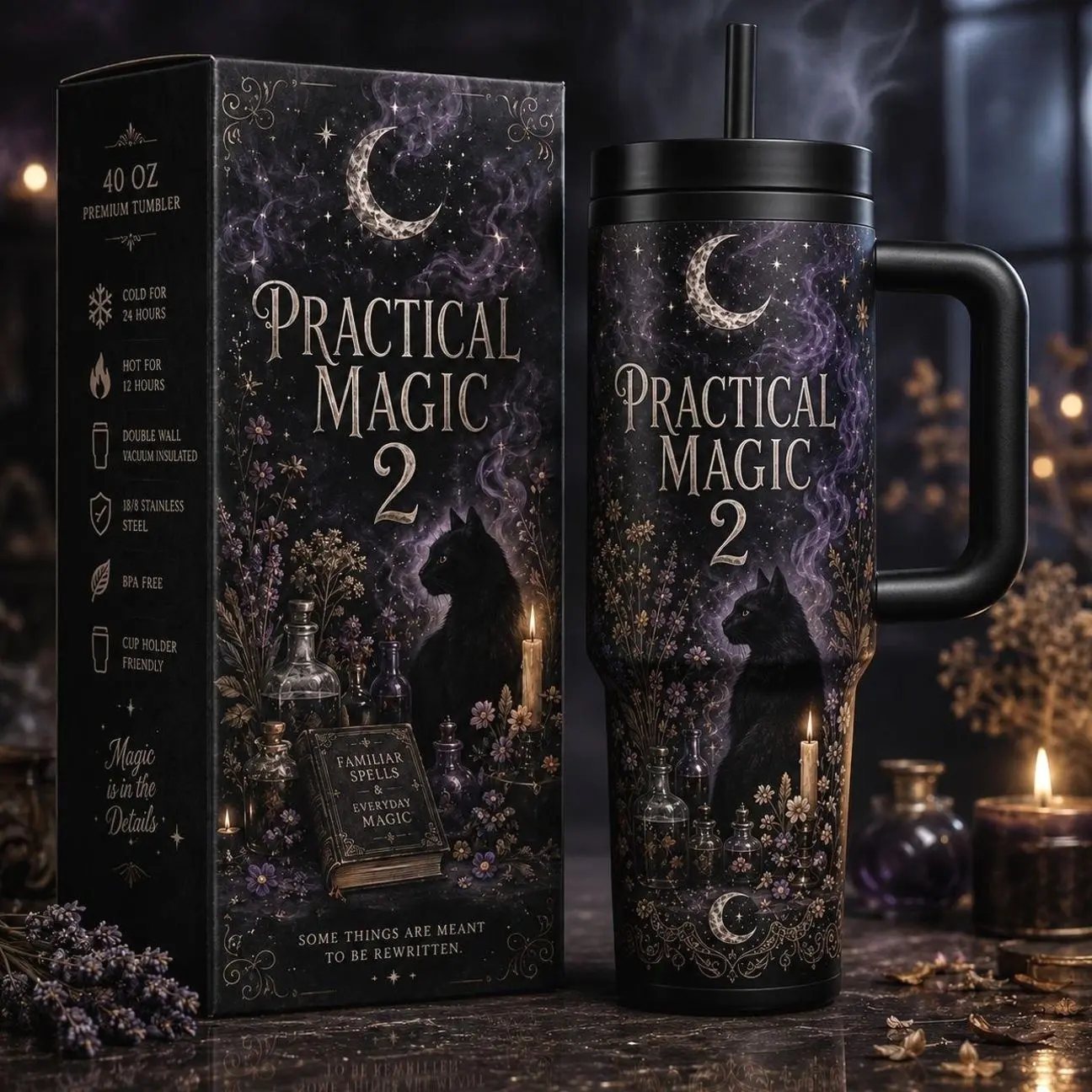 Practical Magic 2 40oz Tumbler with Handle & Straw, Witchy Moon Black Cat Travel Cup, Gothic Floral Insulated Tumbler with Black Lid, Gift Box Included