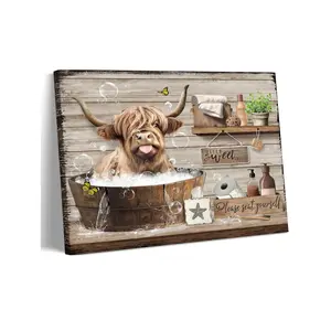 Highland Cow Canvas Bathroom Wall Art Funny Rustic Farmhouse Cow Painting Picture Wall Decor Brown Cute Animal In The Bathtub Poster Print Artwork for Bathroom Restroom Home Decoration
