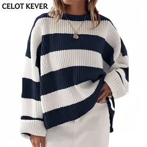 CELOT KEVER Women's Green & White Striped Off-Shoulder Knit Sweater Long Sleeve Round Neck Loose Fit Casual Pullover Top for Everyday Wear Fashion Dress
