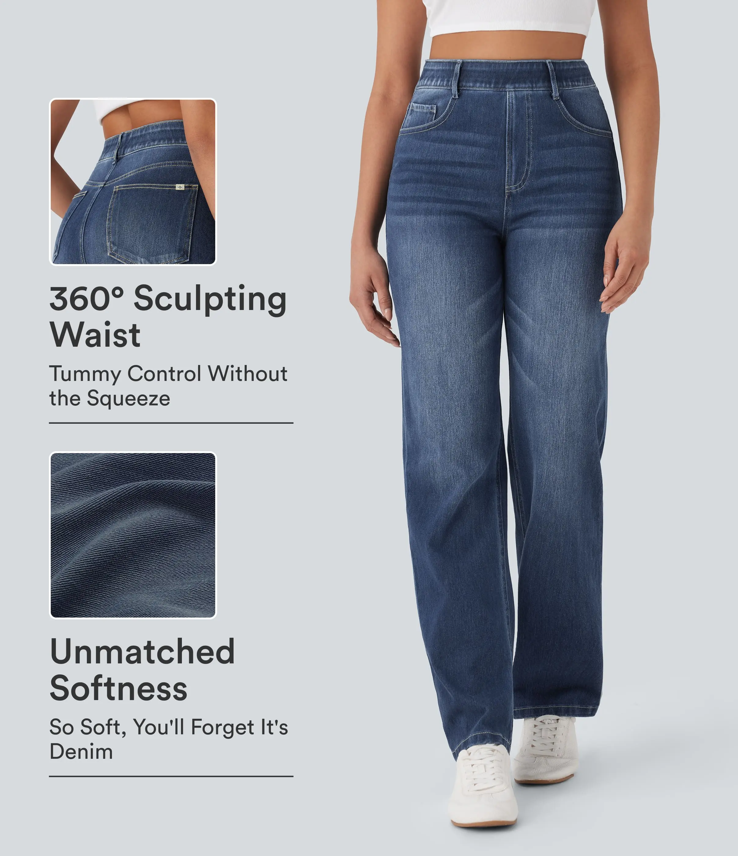 Halara Flex High Waisted Tummy Control Pockets Straight Leg Washed Casual Jeans