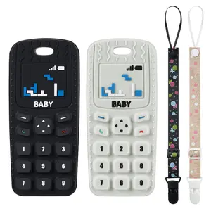 Silicone Teething Toys, Cell Phone Teether With 2PCS Pacifier Clip for 0-12 Months, BPA Free Dishwasher Safe