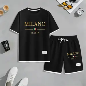 Men's Golden Milano Italy Print Waffle Fabric Short-Sleeved Shirt And Shorts Set02