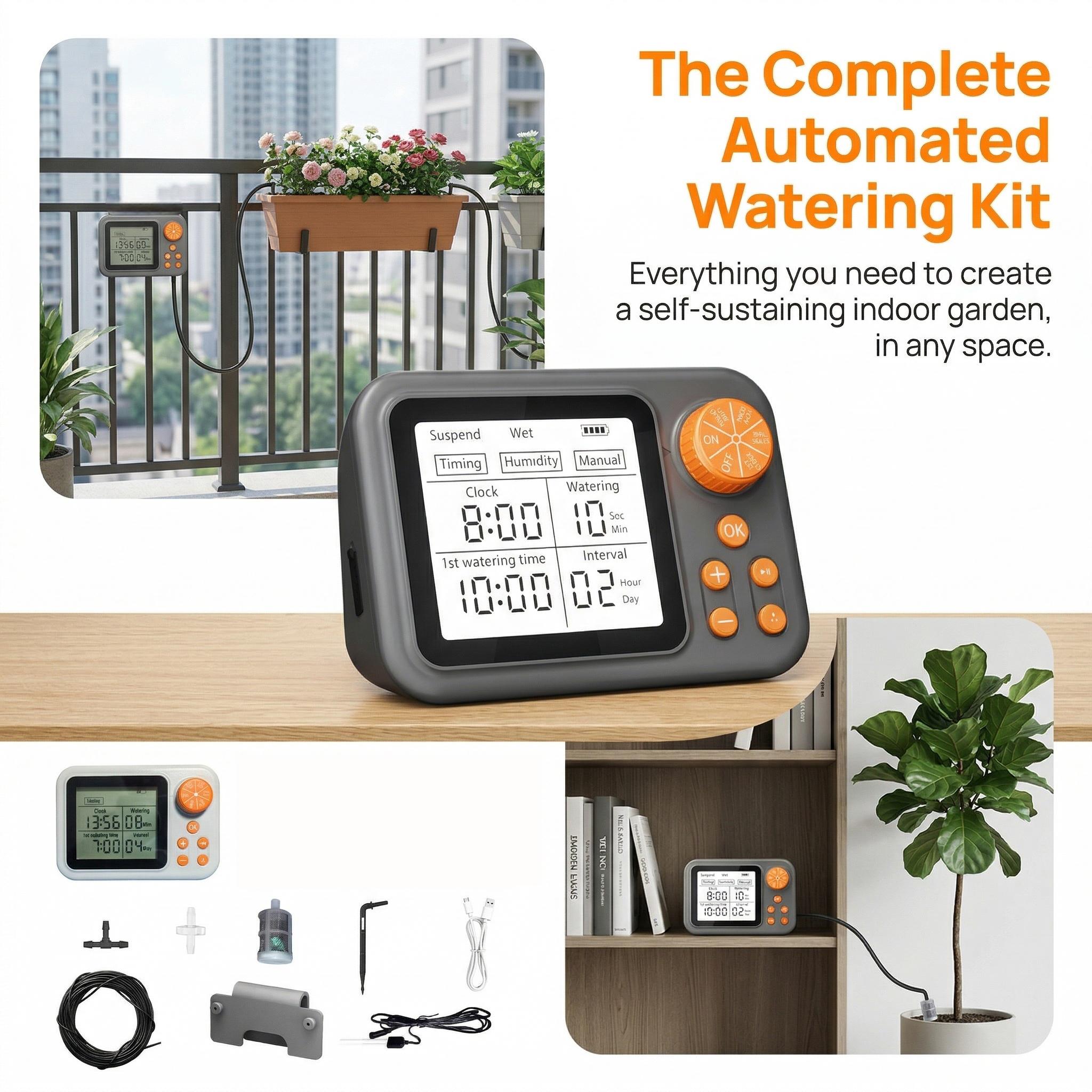 Large Display Automatic Plant Waterer Indoor for Pot Plants,Cycle & Soak Mode Vacation Self Watering Drip Irrigation System Device Kit Office Patio Greenhouse Grow Tent Water 10-15 Plants