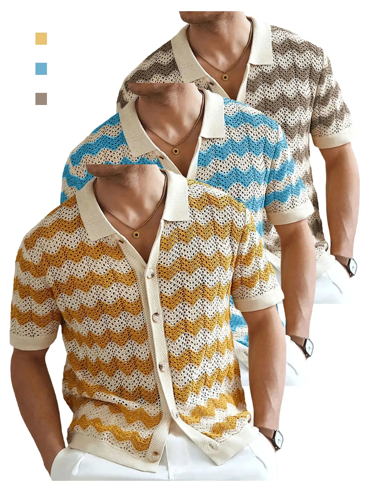 Men's Knitwear Striped Polo Cardigan, Short Sleeve Stretchy Button-Down Shirt for Casual Summer Vacation Fashion, Menswear, Shortsleeve, Stylish