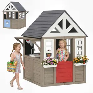 Qaba Outdoor Playhouse, Wooden Kids Playhouse with Dog Door, Kids Cottage with Flower Box, Cookware & Window for Backyard Garden, Indoor Playroom Imaginative Play for Ages 2+, Gray