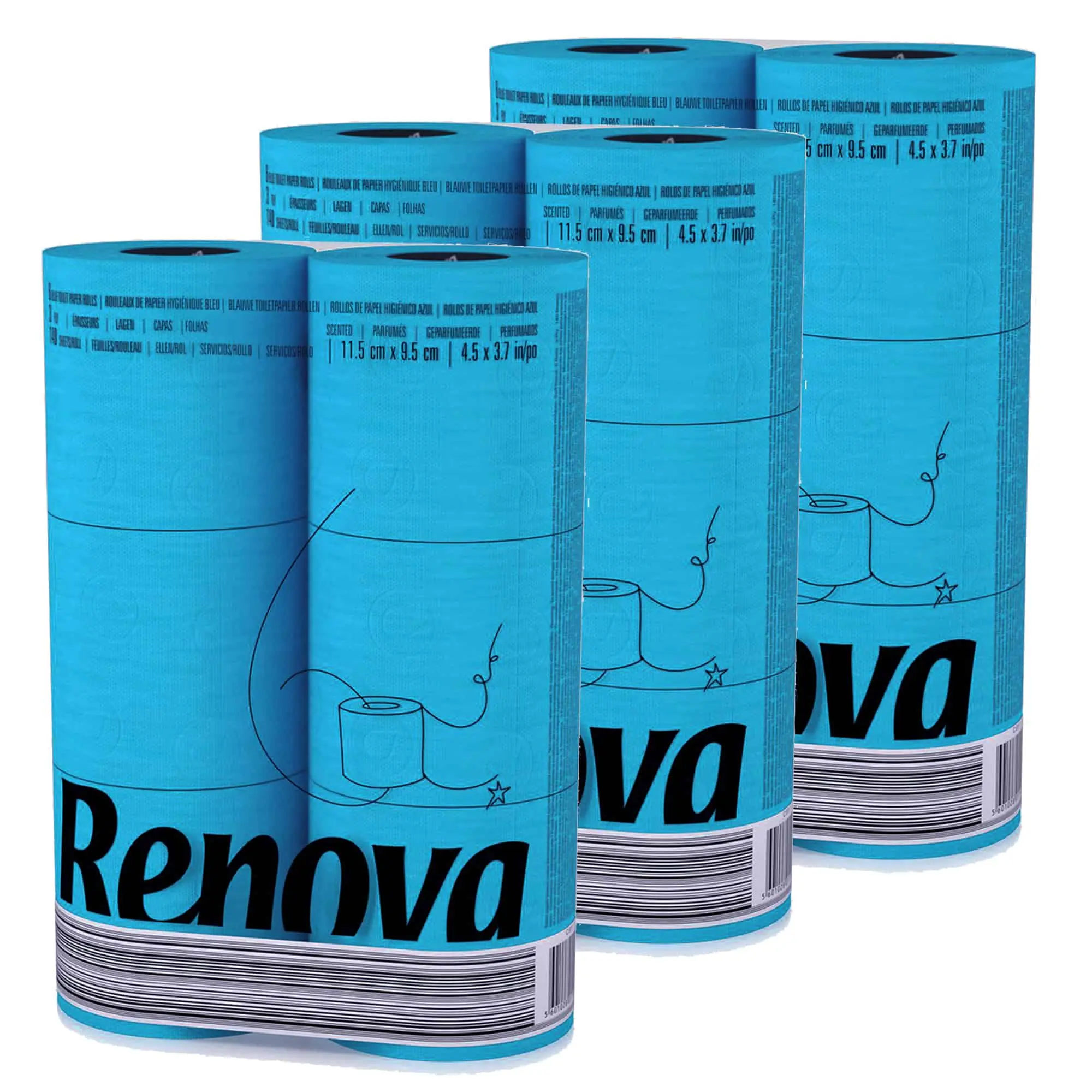 Renova 3-Pack, Blue Toilet Paper -Add Bathroom Fun With this Perfect Touch - Pack of 6 Compact Rolls- 140 Sheets - 3 Ply - Eco-label Certified - Septic System Safe - Sustainable & Soft