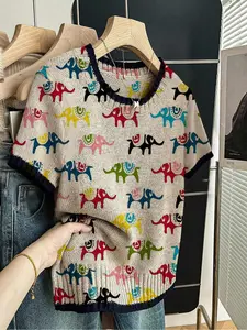 Cartoon Animal Print Round Neck Sweater, Casual Short Sleeve Knitwear for Spring Summer Fall, Comfortable Warm Women's Clothing