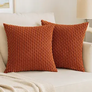Fall Throw Pillow Covers Soft Corduroy Decorative Boho Striped Pillowcases Square Cushion Case Farmhouse Home Decor for Couch Sofa Living Room Bed Set of 2, 18x18 Inch Burnt Orange