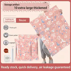 10 bird-patterned vacuum storage bags, space-saving vacuum compression bags, multi-functional, moisture-proof and insect-proof with buckle closure, suitable for storing clothes, quilts, down comforters, and down jackets, comes with a manual pump