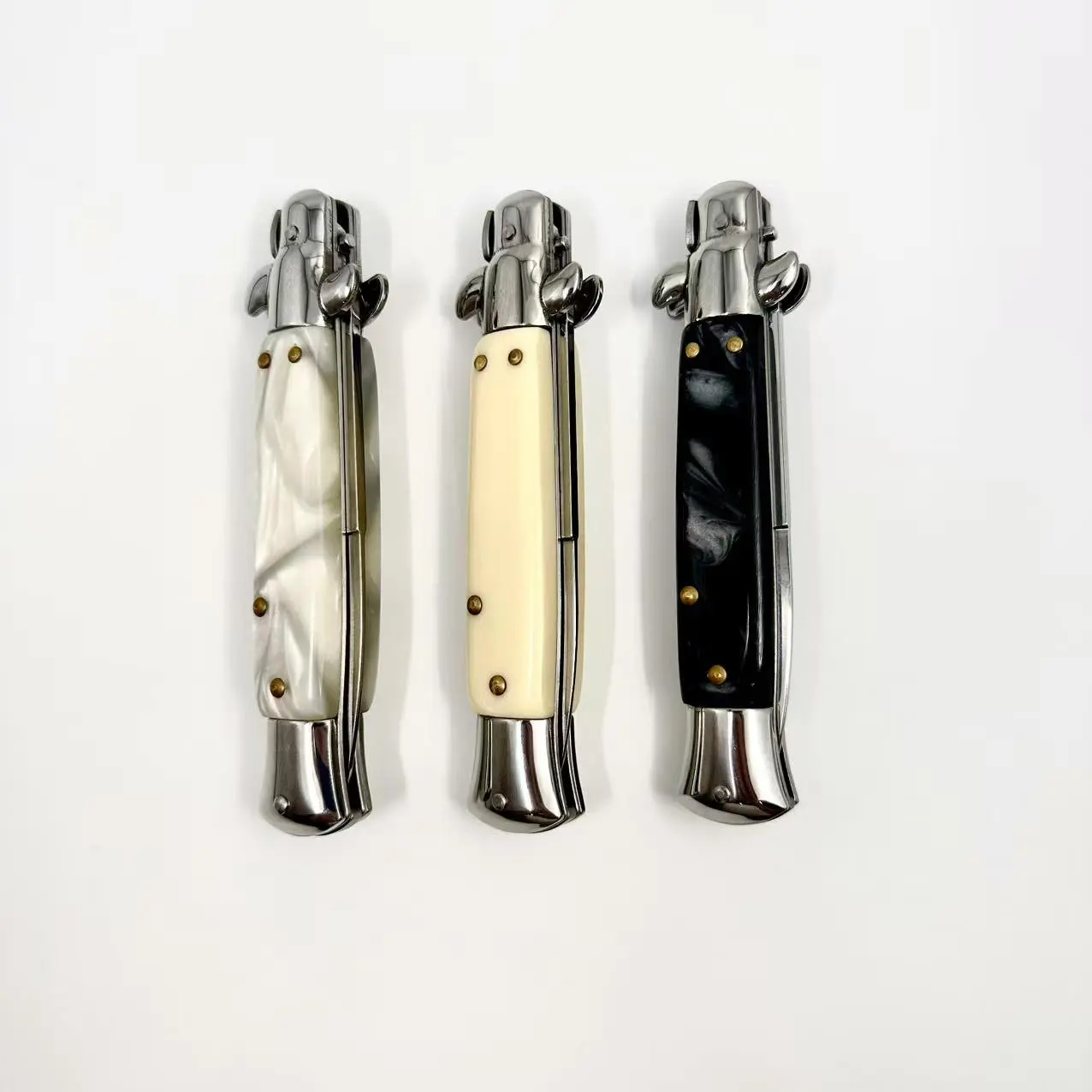Italian Stiletto Godfather Style Folding Knife, Marbled Resin Handle, Stainless Steel Blade, Vintage Collectible Pocket Knife for Knife Enthusiast