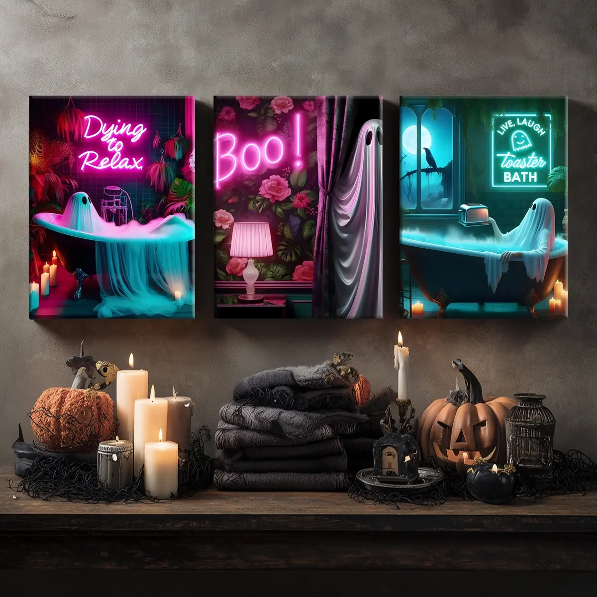 3 Counts Wooden Framed Canvas, Wood Wall Art, Neon Ghost Bathroom Posters, Halloween Home Poster, Halloween Party Decorations, Home Hanging Paintings, Horror Theme, Interesting Posters, High-Definition Art, Modern Art Design