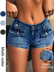 High Waist Denim Elastic Shorts for Women, Y2K Vintage Workwear Pockets, Sparkle Buckles, Tight Fit Summer Womenswear