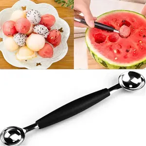 1Pc Black Double-Sided 2 in 1 Stainless Steel Melon Baller Spoon Melon Scoop for Watermelon Cantaloupe Icecream Ball, 18cm Kitchen Fruit Vegetable Tool