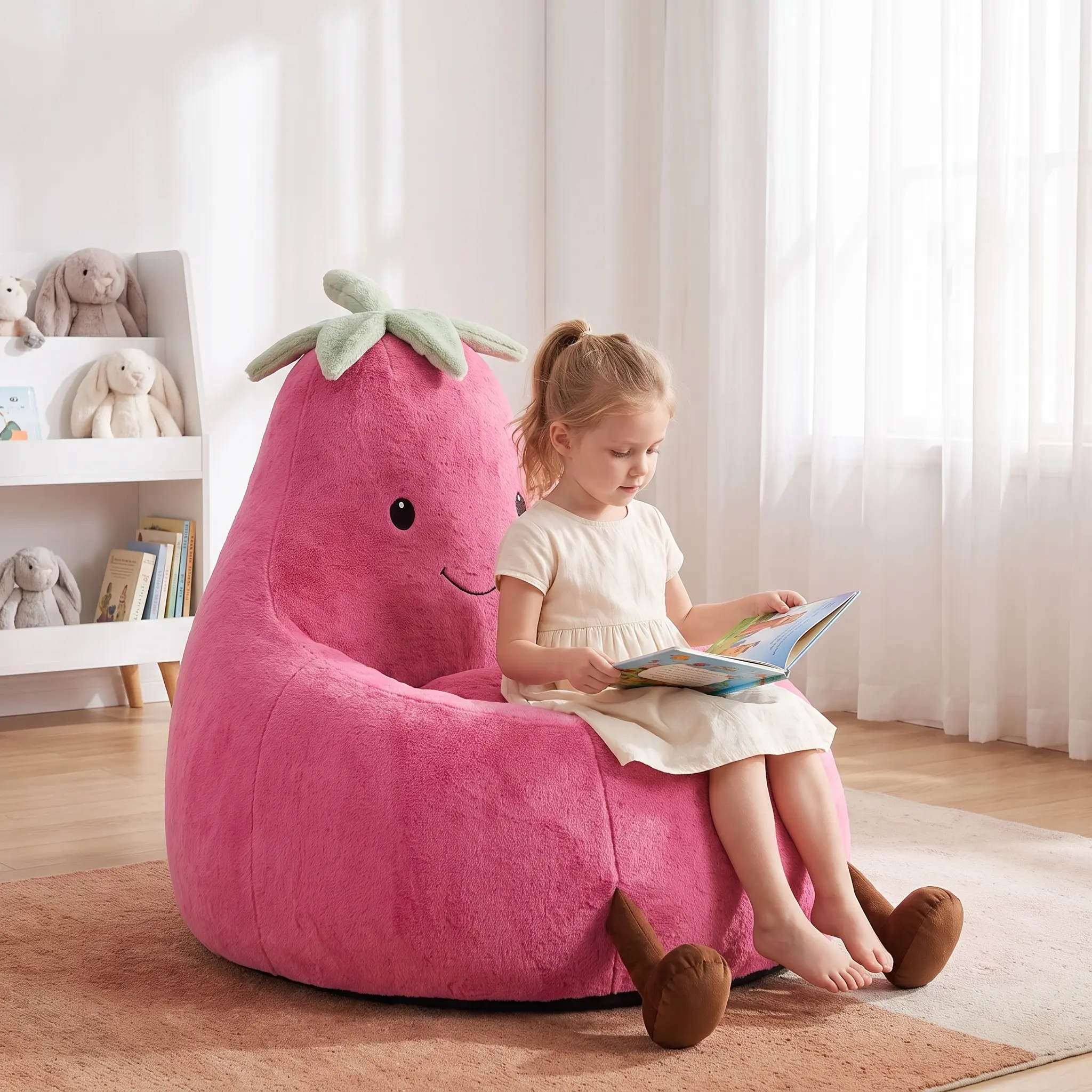 Modern kids Fluffy bean bag Chair With RoseRed Eggplant Design, 24/31 Inch Padded Toddler Minimalist Sofa with High Rebound Memory Foam, No-assembly Indoor Living Room Furniture Chaise Lounge  Sofa, Boneless Couches, Ideal for Reading, Gaming