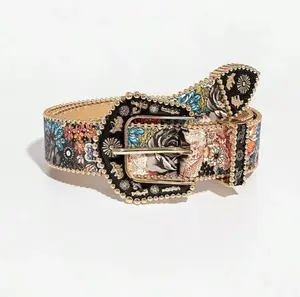 Metal Buckle Multi-color Flower Print Belt