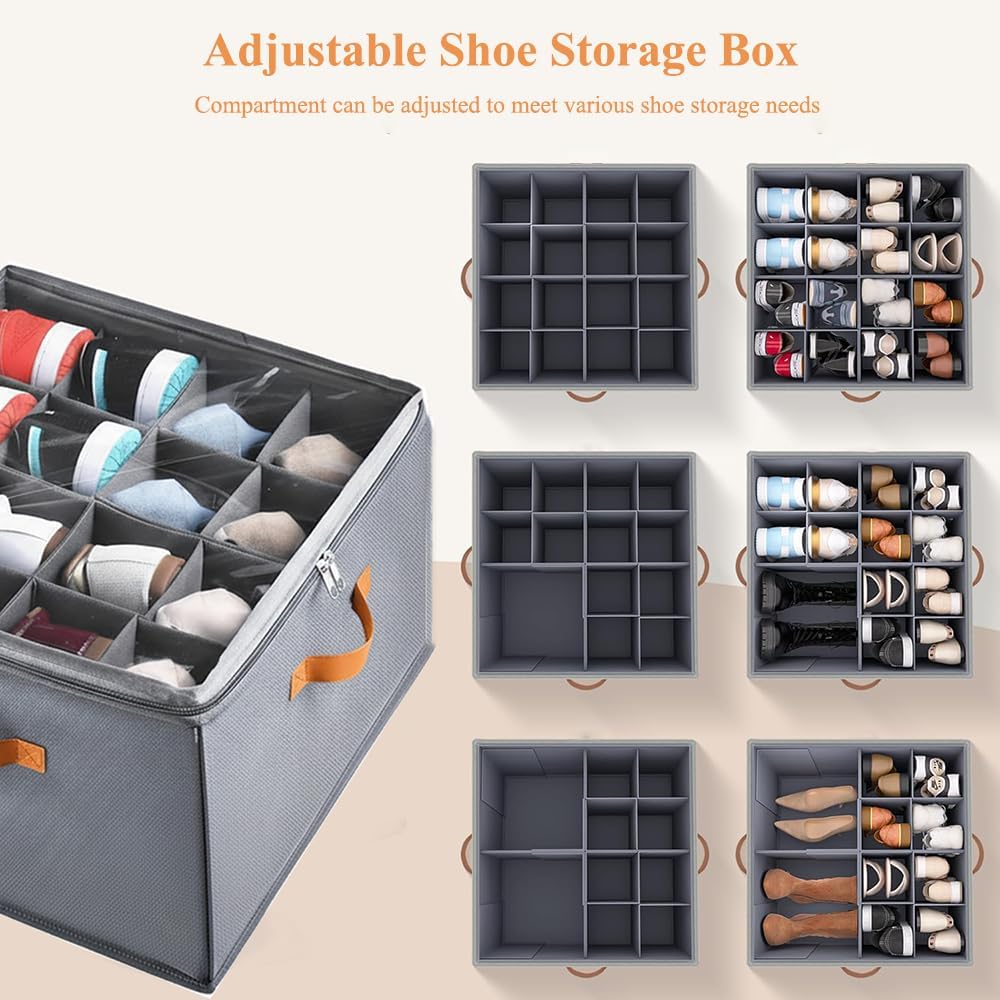 16 Grid Shoe Storage Organizer Box with Clear Lid, Foldable Closet Shoe Organizer with Dividers, Dustproof Shoe Storage Bin for Sneakers, Boots, Heels, Space Saving Shoe Container for Closet, Under Bed, Entryway, Bedroom