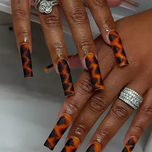 24 pieces long square simple lightning pattern press on nails black brown irregular stripes autumn acrylic fake nails suitable for women and girls daily office travel cool black nails with jelly glue 1 piece file strip 1