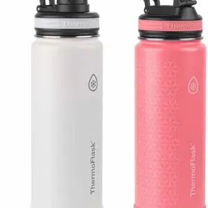 Thermoflask 24oz Stainless Steel Insulated Water Bottles with Straw and Spout Lids, 2-pack, White/Coral