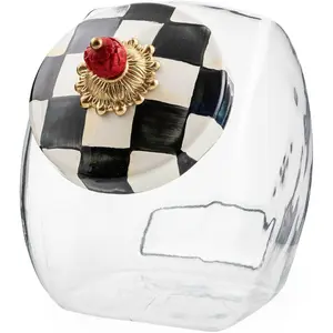 Cookie Jar with Enamel Lid, Large Glass  Jar or Kitchen Jar, 1-Gallon Capacity, Black-and-White Courtly Check