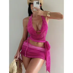 Women's 4 Piece Crochet Knit Swimsuits Triangle Halter Bikini Set with Cover Ups Swimwear