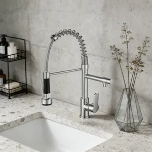 Modern High Arc Single Handle Kitchen Faucet, Pull Down Spray Head, Commercial Brass Material, 360 Degree Extensible Nozzle, Polished Chrome Finish