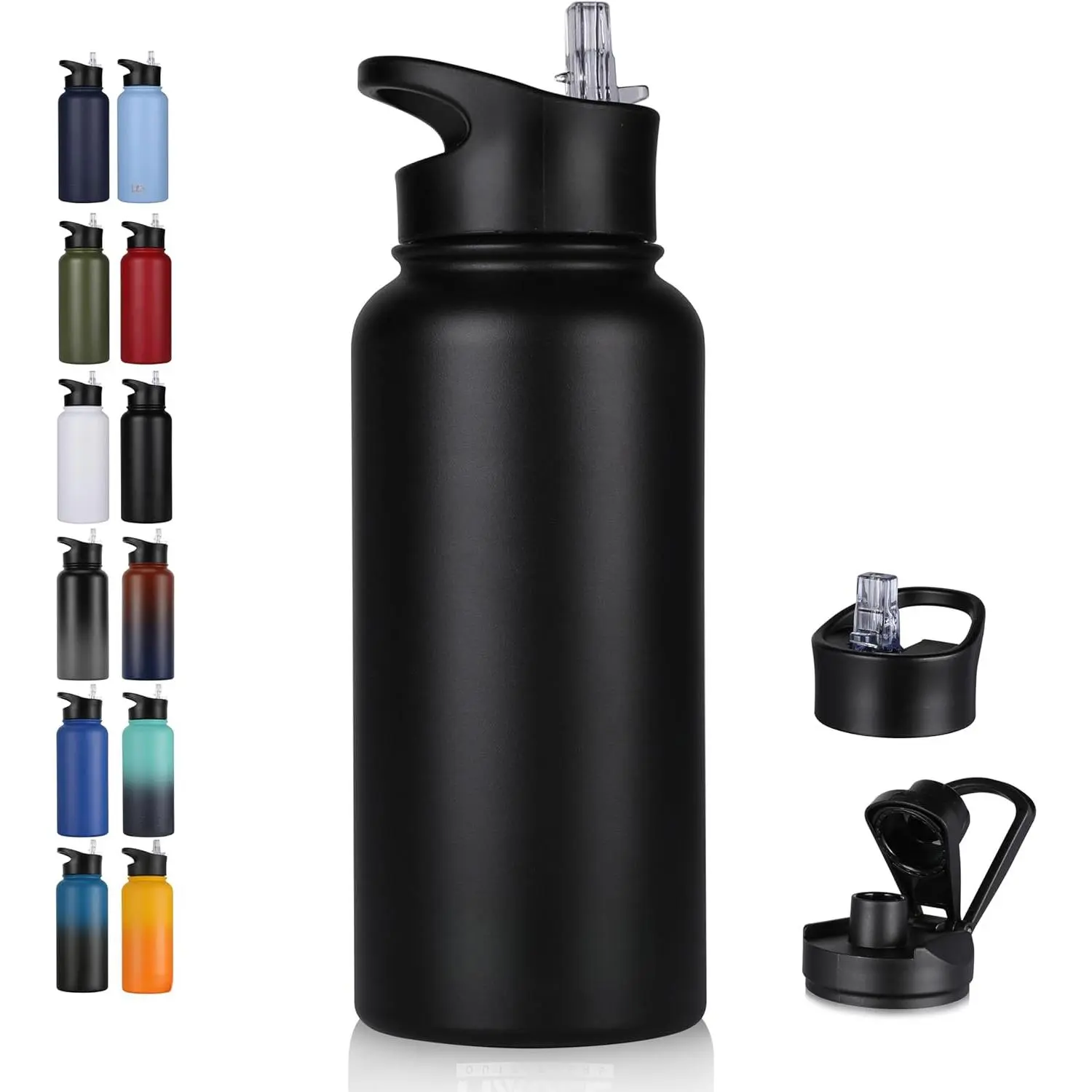 32 oz Insulated Water Bottle, Double-Walled Stainless Steel Sports Bottle with 2 Lids (Straw & Spout) for Gym and Hiking - Solid Black, 32 Ounces