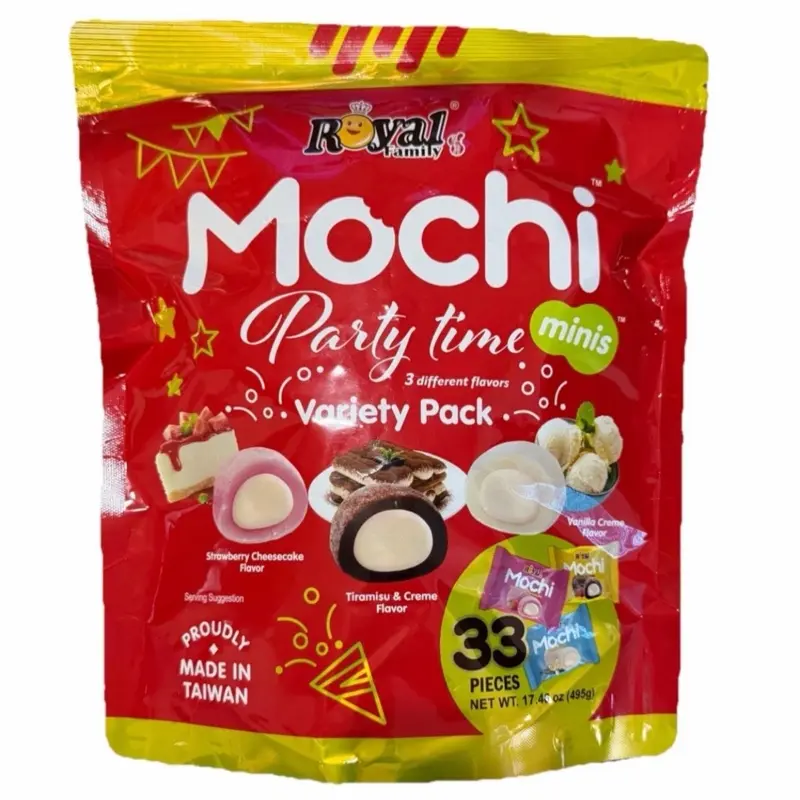 Royal Family Party Time Variety Pack Mini Mochi Snack - 33 Rice-Based Pieces, Strawberry Cheesecake, Tiramisu Cream, Vanilla Cream Flavors