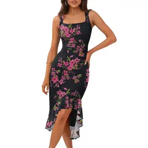 Women's Summer Floral Bodycon Dress Square Neck Sleeveless Ruffle Hem Cocktail Mesh Midi Dress