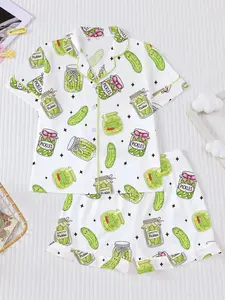 2-Piece Fun Cucumber Can Pajama Set, Flame Retardant Short Sleeve Button Front Shirt & Shorts, Cartoon Homewear for Kids, Pickle Printed Pajamas