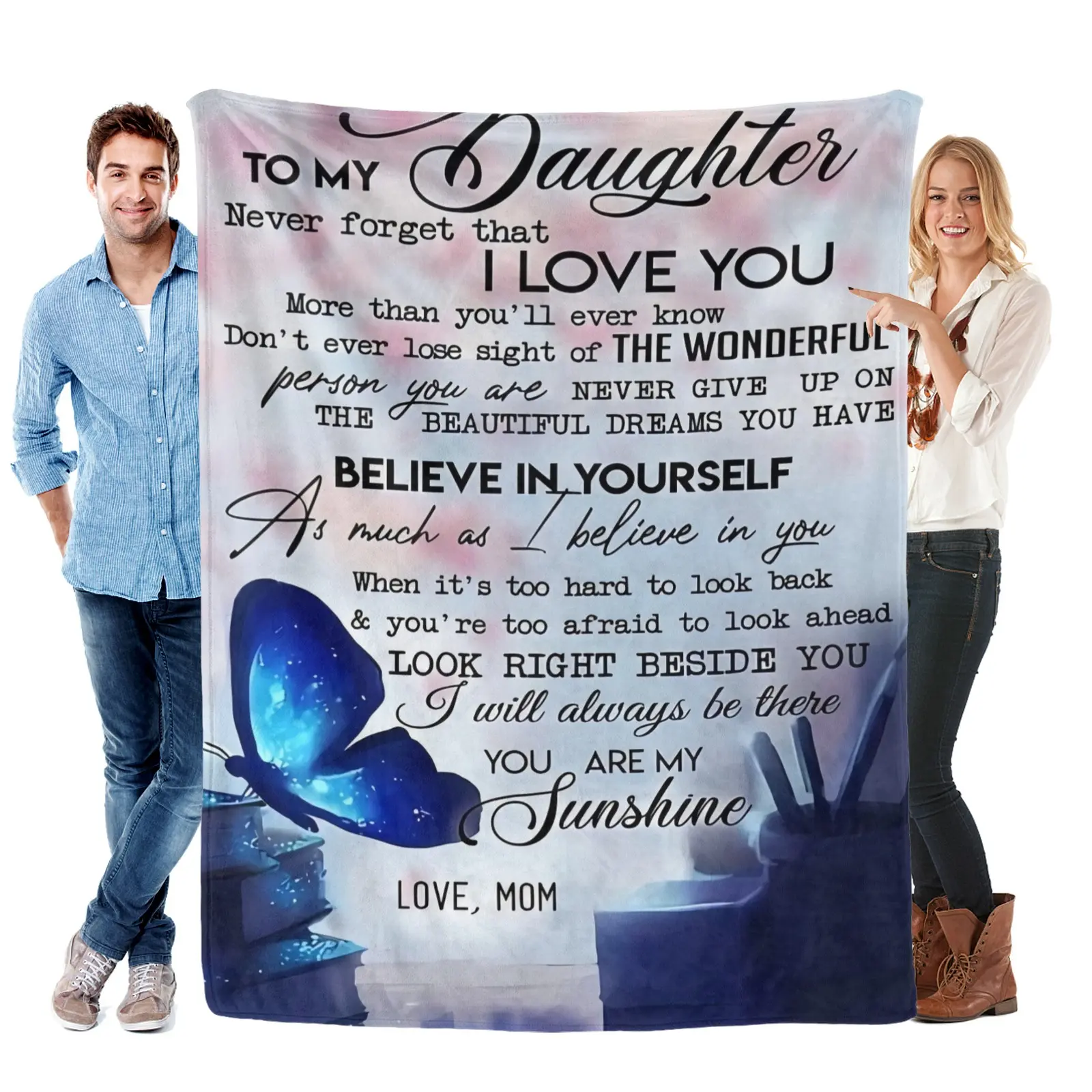 To My Daughter You Are My Sunshine Flannel Blanket Soft Cozy Gift Throw with Mom's Loving Encouragement & Glowing Butterfly Design Perfect for Gifting Snuggling Warmly or Adding Tender Parental Support Charm to Any Space