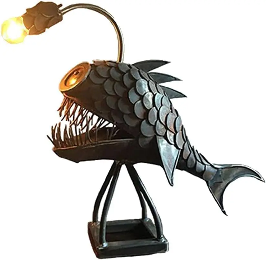 Fish Design Animal Lamp - Steampunk Style Table Light| Handcrafted Iron & Silicon LED Night Light, Unique Desktop Ornament for Bedroom, Creative Home Decor and Fish Collecting