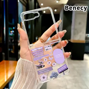 Lavender Positivity Pattern Protective Case for Z Flip 7/6/5/4, Double Protection Transparent Foldable Cover with Camera Lens Guard