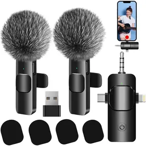 4 in 1 Wireless Lavalier Microphone for iPhone/USB C Android/Camera/Laptop PC,Mini Microphone 2.4G Ultra-Low Delay with Noise Reduction Cordless Lapel Mics for Video Recording, Vlog, YouTube,