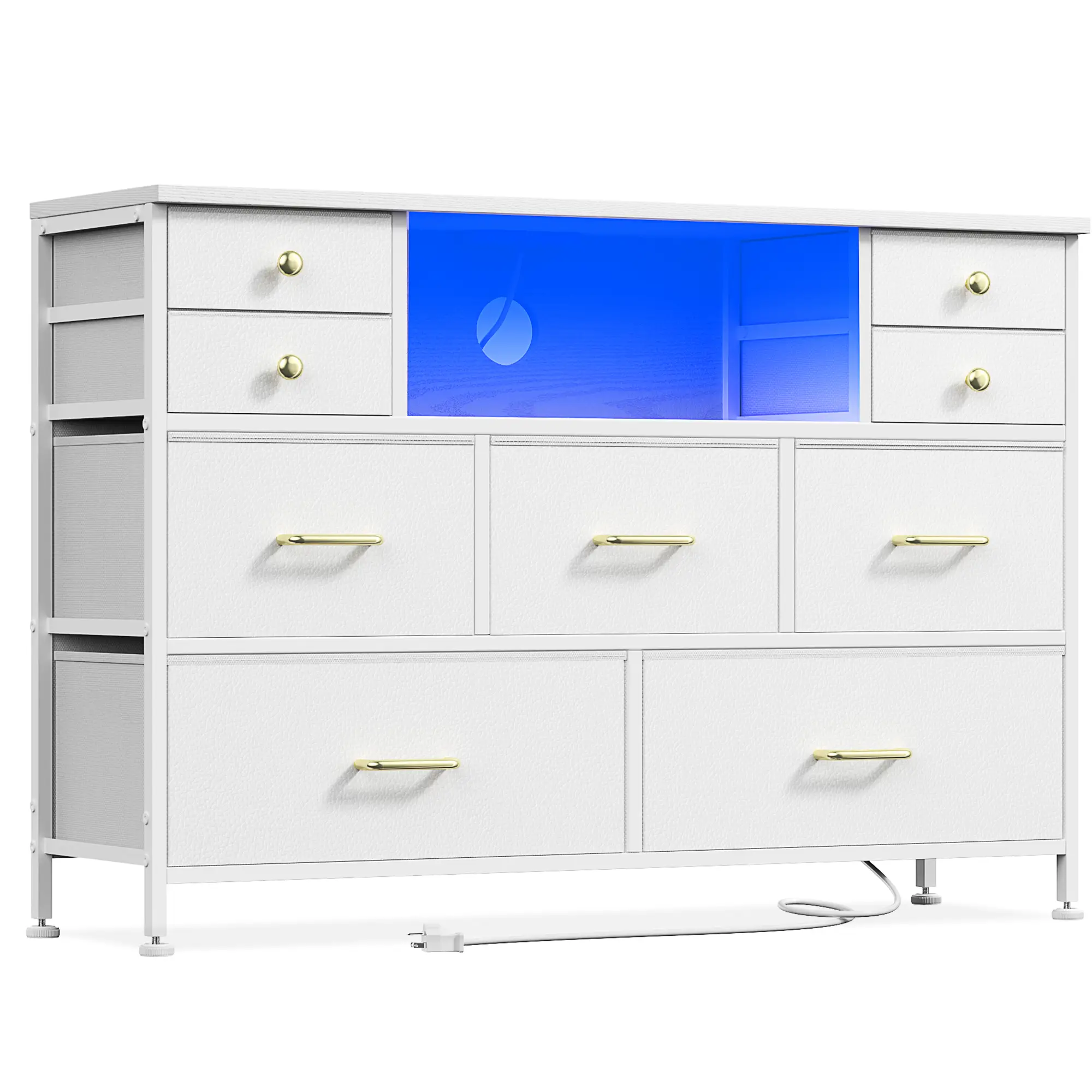 【FallDealsForYou】AOWOS 9 Drawer Dresser, Dressers for Bedroom TV Stand with Power Outlets LED Lights, Fabric Drawer, Chest of Drawers Dresser TV Stan