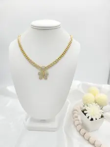 14k gold plated Cuban chain with butterfly pendant and cubic zirconia.  (104)