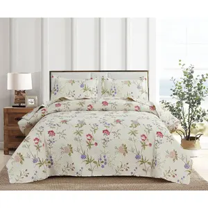 Flower Quilt Set  Size Beige Floral Bedspread Coverlet Spring Summer Lightweight Reversible Quilts Bedding Purple Red Floral Quilt Collection with 2 Pillow Shams