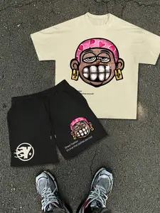 Men's Two-Piece Set, Short Sleeve and Shorts Combo, Fun Cartoon Pattern, Casual Home Commute Wear, Holiday Gift, Unisex Couple