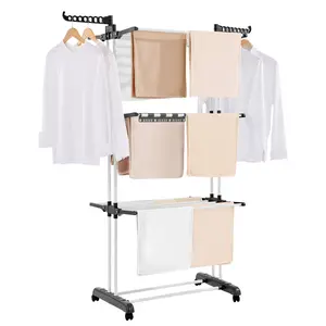 VEVOR Clothes Drying Rack, 4-Tier Foldable Laundry Dryer Rack, Metal Drying Racks with 24 Drying Rods, Free-Standing and Portable Hanger with 4 Castors and Two Side Wings for Outdoor & Indoor Use