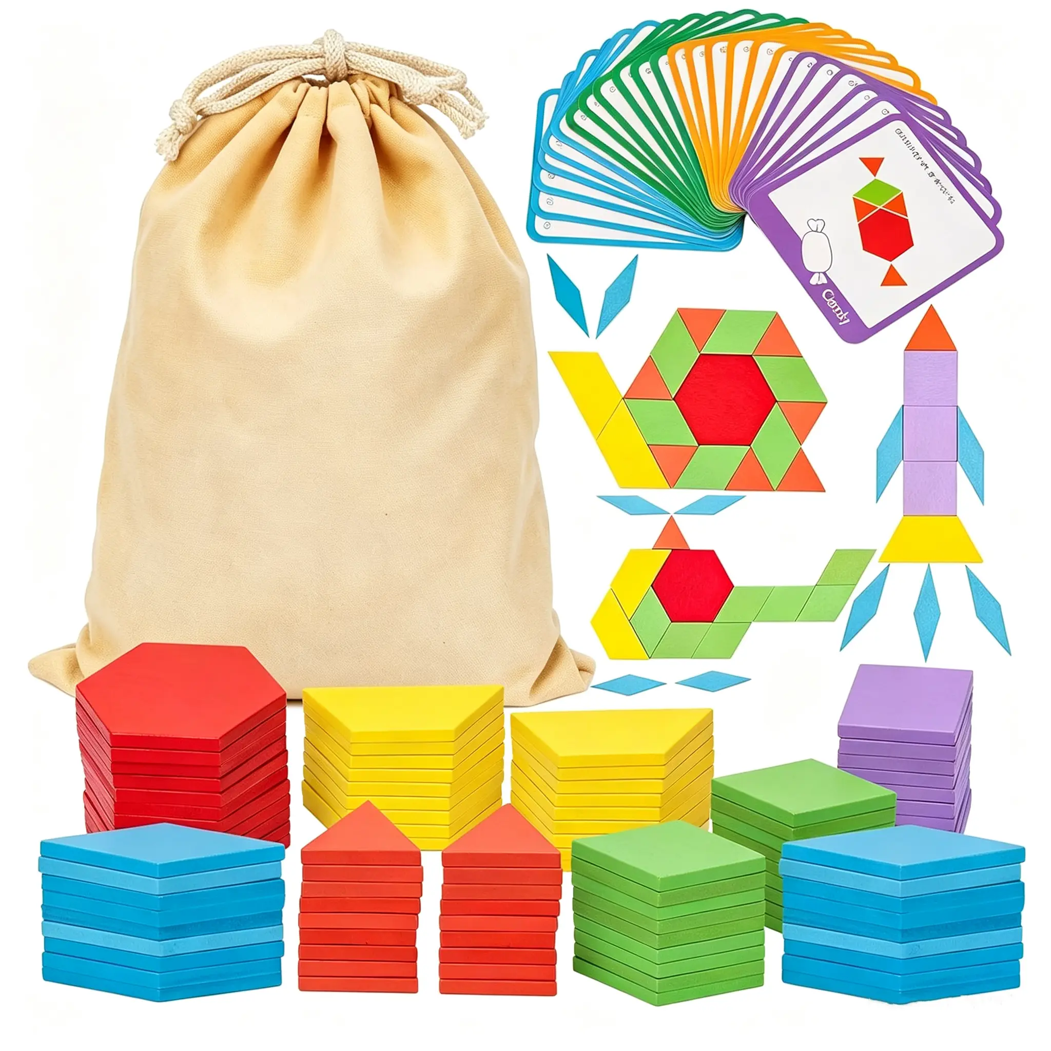 209 PCS Natural Wood Geometric Shape Pattern Blocks for Preschool+ Kids, STEM Learning Tangrams with Activity Cards, Storage Bag, Educational Toy Gift for Parents or Teachers