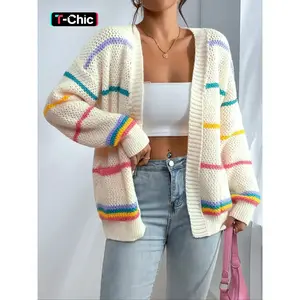 Women's Striped Print Open Front Cardigan, Casual Drop Shoulder Long Sleeve Pocket Cardigan for Fall & Winter, Ladies' Knitwear for Daily Wear