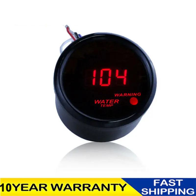 AFA Motors 2" Diameter 52mm Digital LED Water Temp Gauge - Red Digital Readout, Durable Aluminum, Warning Light, Easy Viewing, Vehicle Water Temperature Gauge