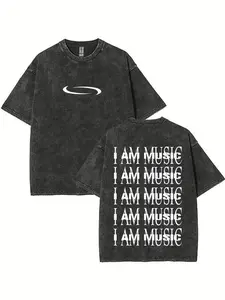 Men's Vintage Washed "I AM MUSIC" Text Pattern T - Shirt, Match Graphic Concert T - Shirt Style
