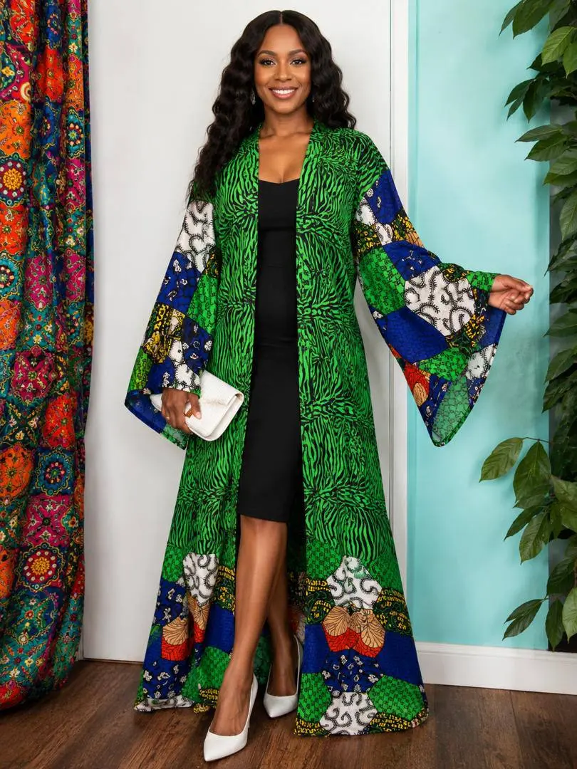 Women's Green African Print Ankara Kimono - Long Maxi Duster, Comfortable Relaxed Fit Cover Up for Church, Brunch, Dinner Dates, Cultural Events