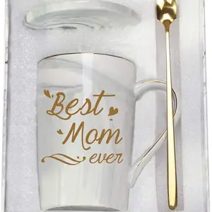 Best Mom Ever Coffee Mug Gift Set 14oz Gray Mug with Spoon Gift Box & Coaster Birthday Mother’s Day & Gifts for Mom from Daughter or Son
